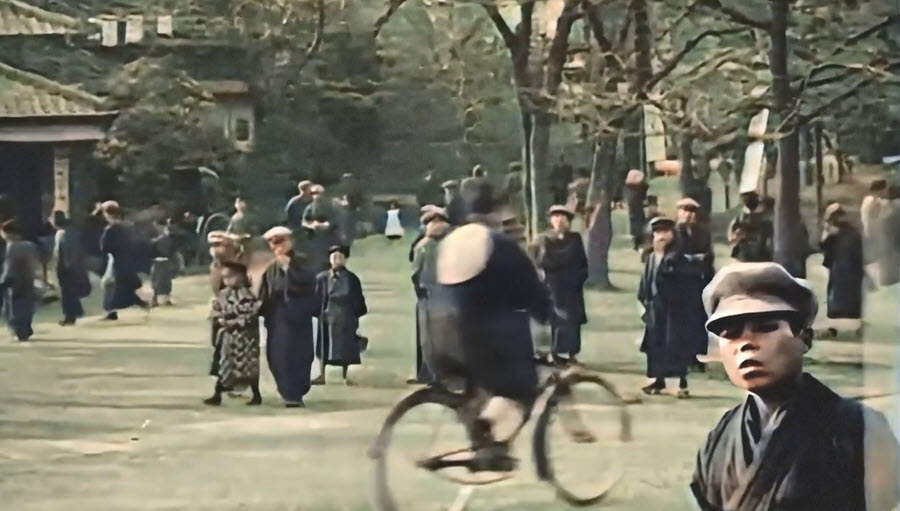 Man on a bicycle amid pedestrians on a tree-lined street in old Tokyo.