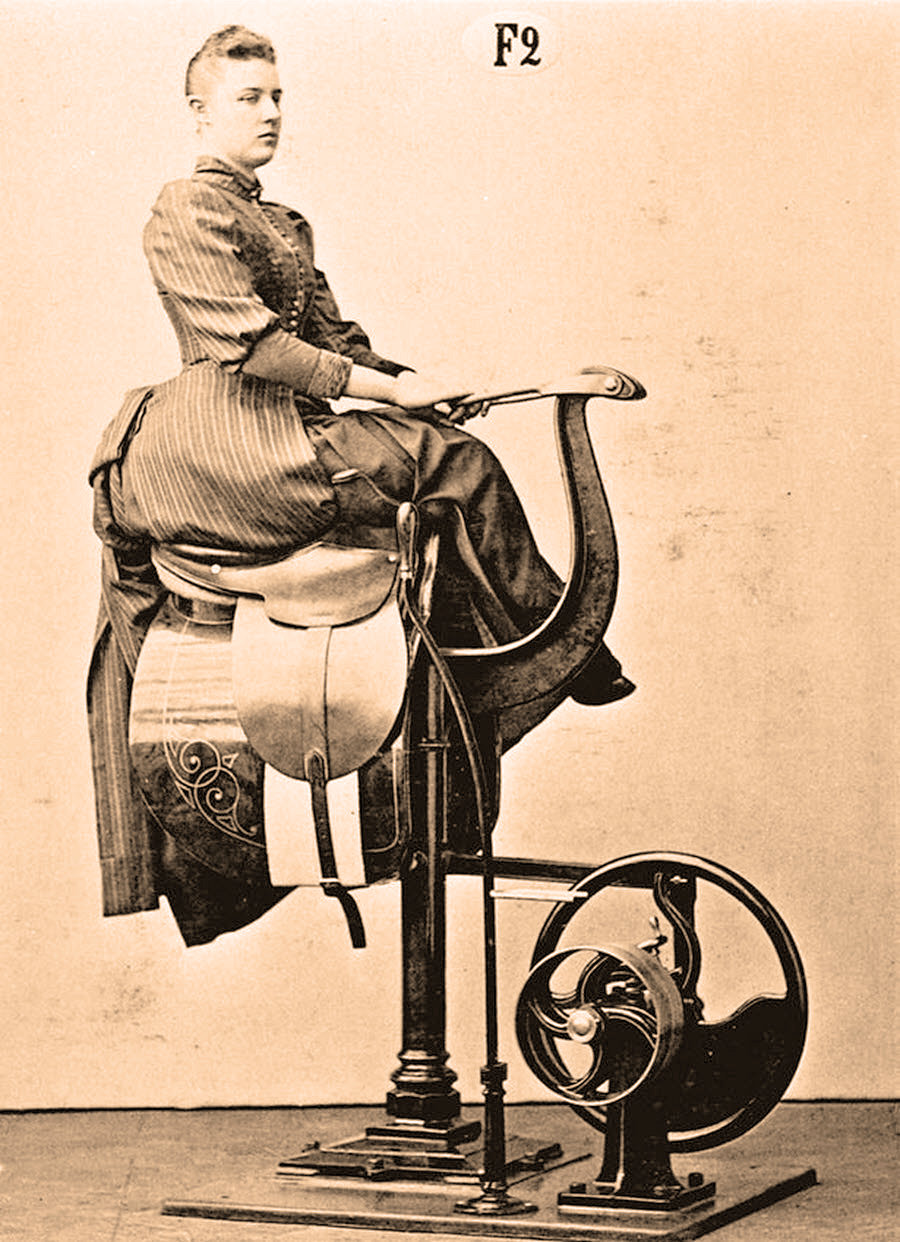 Victorian era fitness equipment. Woman riding a motorized mechanical horse.