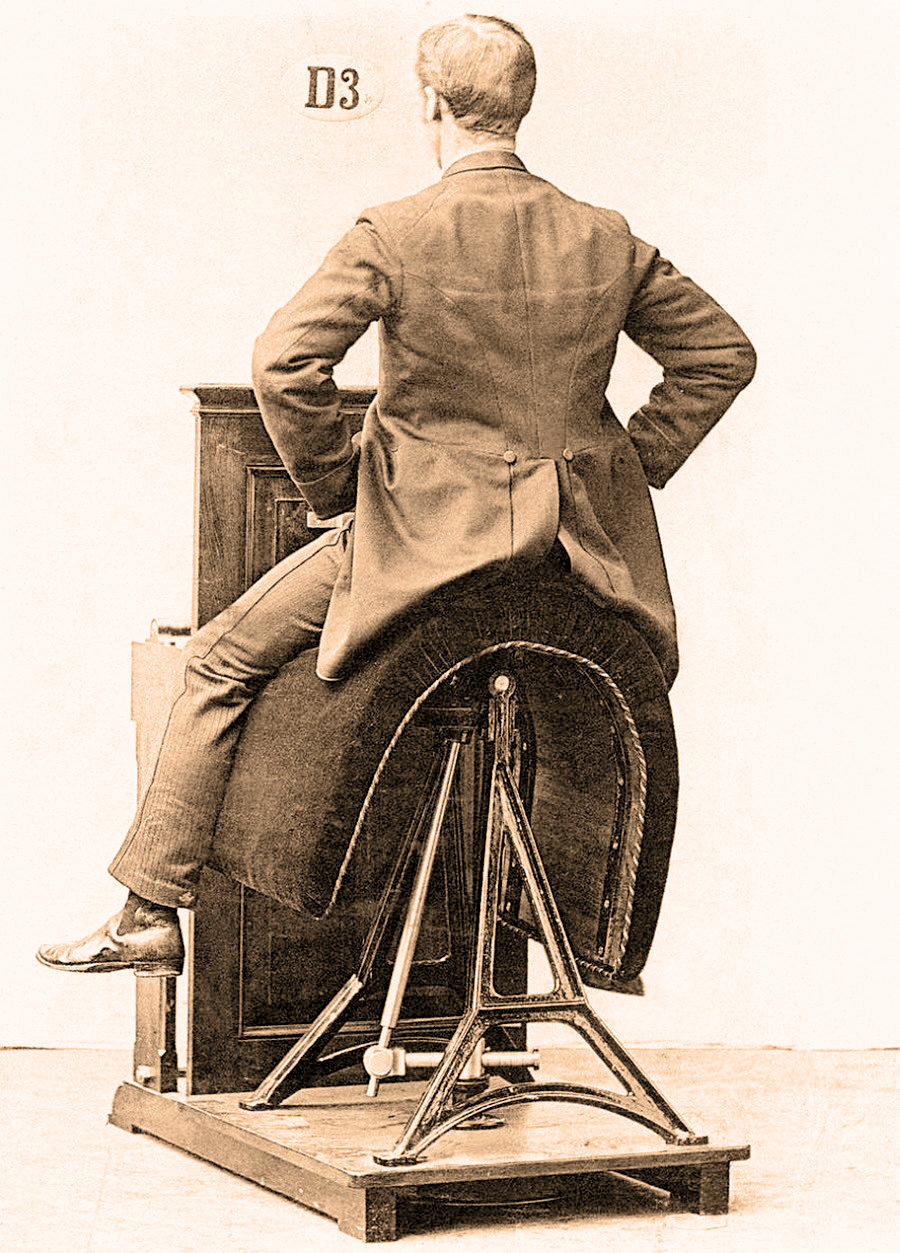 Victorian era gym equipment, Man riding a fitness device to simulate horseback riding