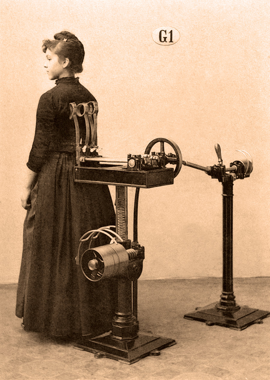 Victorian electrical contraption that thump's the users back to stimulate circulation and get rid of cellulite.